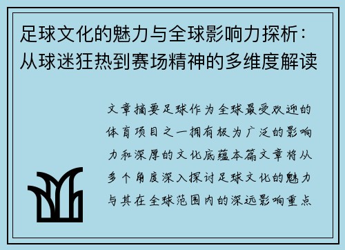 足球文化的魅力与全球影响力探析：从球迷狂热到赛场精神的多维度解读