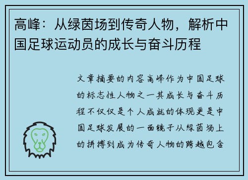 高峰：从绿茵场到传奇人物，解析中国足球运动员的成长与奋斗历程