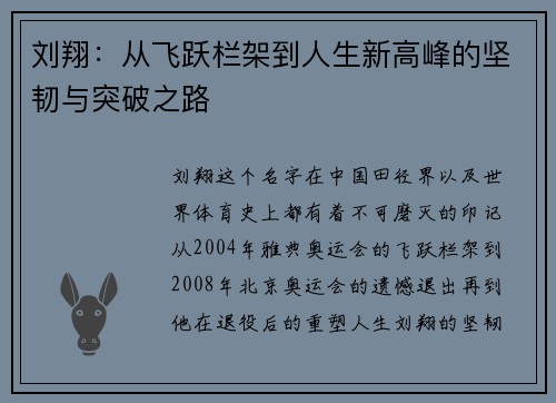 刘翔：从飞跃栏架到人生新高峰的坚韧与突破之路