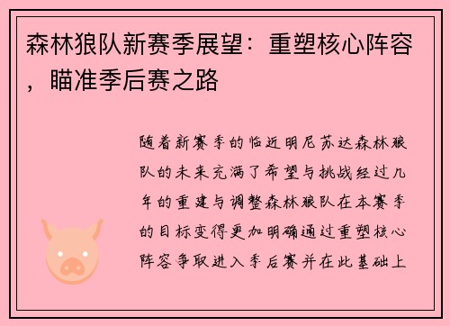 森林狼队新赛季展望：重塑核心阵容，瞄准季后赛之路